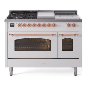 ILVE Nostalgie II 48-Inch Dual Fuel Range with 5 Sealed Burners + Griddle + French Top, 5.02 cu. ft. Oven, White with Copper Trim, Liquid Propane, Triple Glass Door, UP48FSNMPWHPLP