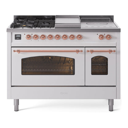 ILVE Nostalgie II 48-Inch Dual Fuel Range with 5 Sealed Burners + Griddle + French Top, 5.02 cu. ft. Oven, White with Copper Trim, Liquid Propane, Triple Glass Door, UP48FSNMPWHPLP