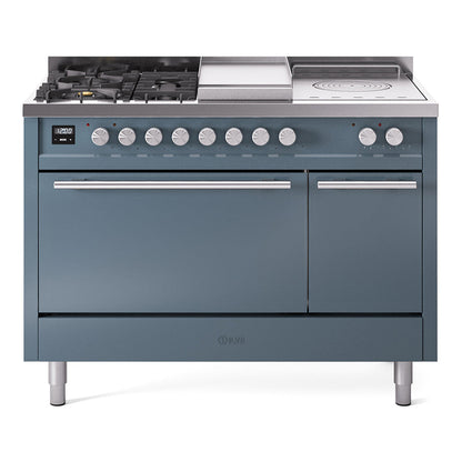 ILVE Professional Plus II 48-Inch Dual Fuel Range with 5 Sealed Burners + Griddle + French Top, 5.02 cu. ft. Oven, Blue Grey, Liquid Propane, Solid Door, UP48FSQMPBGLP