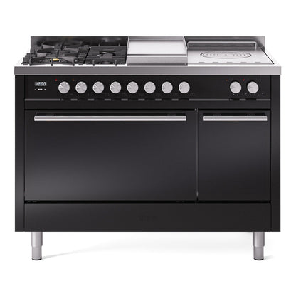 ILVE Professional Plus II 48-Inch Dual Fuel Range with 5 Sealed Burners + Griddle + French Top, 5.02 cu. ft. Oven, Glossy Black, Natural Gas, Solid Door, UP48FSQMPBK