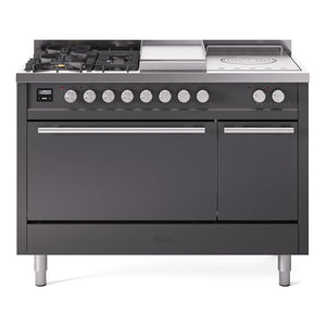 ILVE Professional Plus II 48-Inch Dual Fuel Range with 5 Sealed Burners + Griddle + French Top, 5.02 cu. ft. Oven, Graphite Matte, Liquid Propane, Solid Door, UP48FSQMPMGLP