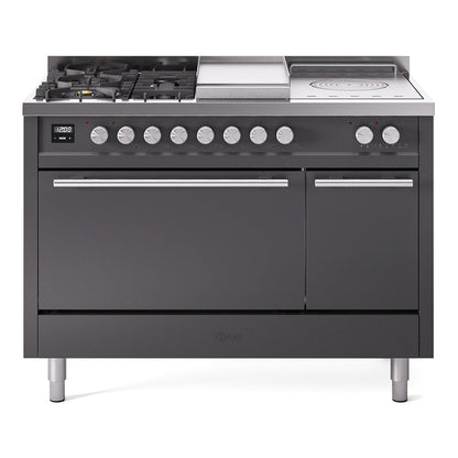 ILVE Professional Plus II 48-Inch Dual Fuel Range with 5 Sealed Burners + Griddle + French Top, 5.02 cu. ft. Oven, Graphite Matte, Natural Gas, Solid Door, UP48FSQMPMG