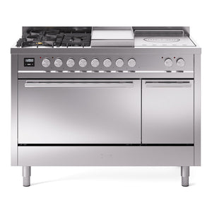 ILVE Professional Plus II 48-Inch Dual Fuel Range with 5 Sealed Burners + Griddle + French Top, 5.02 cu. ft. Oven, Stainless Steel, Natural Gas, Solid Door, UP48FSQMPSS