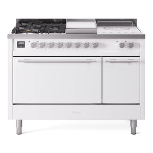 ILVE Professional Plus II 48-Inch Dual Fuel Range with 5 Sealed Burners + Griddle + French Top, 5.02 cu. ft. Oven, White, Liquid Propane, Solid Door, UP48FSQMPWHLP