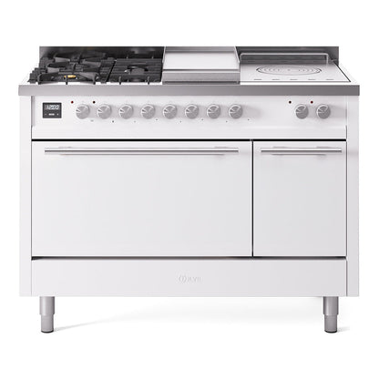ILVE Professional Plus II 48-Inch Dual Fuel Range with 5 Sealed Burners + Griddle + French Top, 5.02 cu. ft. Oven, White, Natural Gas, Solid Door, UP48FSQMPWH