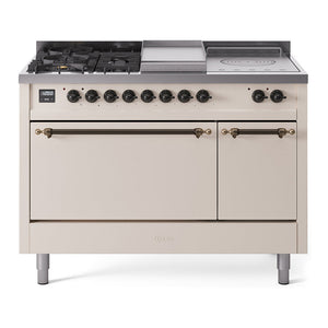 ILVE Nostalgie II 48-Inch Dual Fuel Range with 5 Sealed Burners + Griddle + French Top, 5.02 cu. ft. Oven, Antique White with Burnished Trim, Natural Gas, Solid Door, UP48FSQNMPAWB
