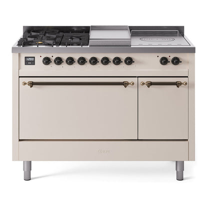 ILVE Nostalgie II 48-Inch Dual Fuel Range with 5 Sealed Burners + Griddle + French Top, 5.02 cu. ft. Oven, Antique White with Burnished Trim, Natural Gas, Solid Door, UP48FSQNMPAWB