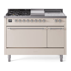 ILVE Nostalgie II 48-Inch Dual Fuel Range with 5 Sealed Burners + Griddle + French Top, 5.02 cu. ft. Oven, Antique White with Chrome Trim, Liquid Propane, Solid Door, UP48FSQNMPAWCLP