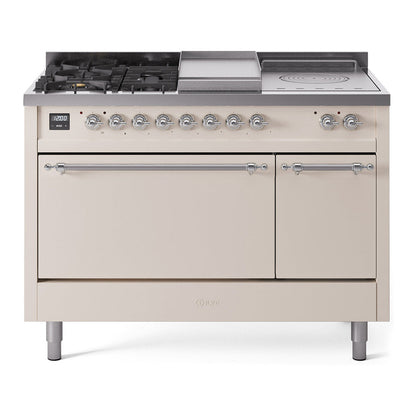 ILVE Nostalgie II 48-Inch Dual Fuel Range with 5 Sealed Burners + Griddle + French Top, 5.02 cu. ft. Oven, Antique White with Chrome Trim, Liquid Propane, Solid Door, UP48FSQNMPAWCLP