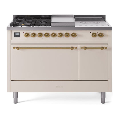 ILVE Nostalgie II 48-Inch Dual Fuel Range with 5 Sealed Burners + Griddle + French Top, 5.02 cu. ft. Oven, Antique White with Brass Trim, Natural Gas, Solid Door, UP48FSQNMPAWG
