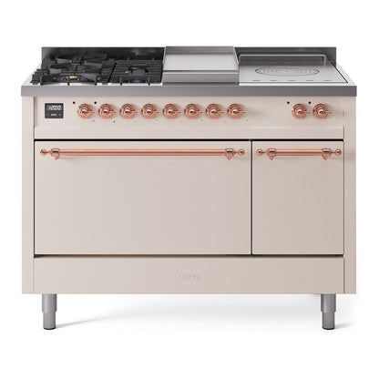 ILVE Nostalgie II 48-Inch Dual Fuel Range with 5 Sealed Burners + Griddle + French Top, 5.02 cu. ft. Oven, Antique White with Copper Trim, Natural Gas, Solid Door, UP48FSQNMPAWP