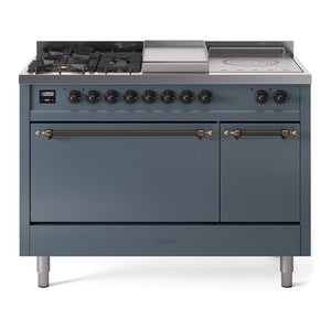ILVE Nostalgie II 48-Inch Dual Fuel Range with 5 Sealed Burners + Griddle + French Top, 5.02 cu. ft. Oven, Blue Grey with Burnished Trim, Liquid Propane, Solid Door, UP48FSQNMPBGBLP