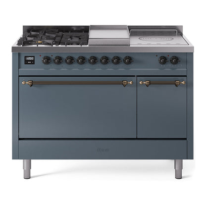ILVE Nostalgie II 48-Inch Dual Fuel Range with 5 Sealed Burners + Griddle + French Top, 5.02 cu. ft. Oven, Blue Grey with Burnished Trim, Liquid Propane, Solid Door, UP48FSQNMPBGBLP