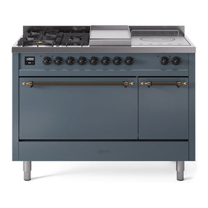 ILVE Nostalgie II 48-Inch Dual Fuel Range with 5 Sealed Burners + Griddle + French Top, 5.02 cu. ft. Oven, Blue Grey with Burnished Trim, Natural Gas, Solid Door, UP48FSQNMPBGB