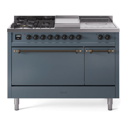 ILVE Nostalgie II 48-Inch Dual Fuel Range with 5 Sealed Burners + Griddle + French Top, 5.02 cu. ft. Oven, Blue Grey with Burnished Trim, Natural Gas, Solid Door, UP48FSQNMPBGB