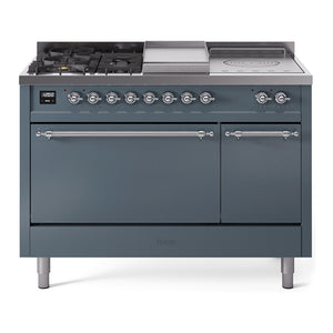ILVE Nostalgie II 48-Inch Dual Fuel Range with 5 Sealed Burners + Griddle + French Top, 5.02 cu. ft. Oven, Blue Grey with Chrome Trim, Liquid Propane, Solid Door, UP48FSQNMPBGCLP