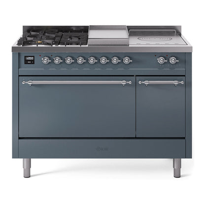 ILVE Nostalgie II 48-Inch Dual Fuel Range with 5 Sealed Burners + Griddle + French Top, 5.02 cu. ft. Oven, Blue Grey with Chrome Trim, Natural Gas, Solid Door, UP48FSQNMPBGC
