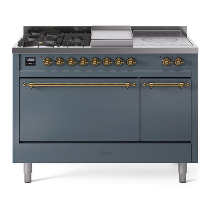 ILVE Nostalgie II 48-Inch Dual Fuel Range with 5 Sealed Burners + Griddle + French Top, 5.02 cu. ft. Oven, Blue Grey with Brass Trim, Liquid Propane, Solid Door, UP48FSQNMPBGGLP