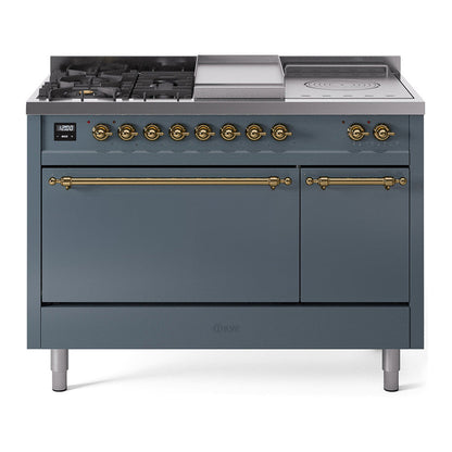 ILVE Nostalgie II 48-Inch Dual Fuel Range with 5 Sealed Burners + Griddle + French Top, 5.02 cu. ft. Oven, Blue Grey with Brass Trim, Natural Gas, Solid Door, UP48FSQNMPBGG