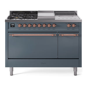 ILVE Nostalgie II 48-Inch Dual Fuel Range with 5 Sealed Burners + Griddle + French Top, 5.02 cu. ft. Oven, Blue Grey with Copper Trim, Natural Gas, Solid Door, UP48FSQNMPBGP