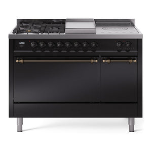 ILVE Nostalgie II 48-Inch Dual Fuel Range with 5 Sealed Burners + Griddle + French Top, 5.02 cu. ft. Oven, Glossy Black with Burnished Trim, Natural Gas, Solid Door, UP48FSQNMPBKB