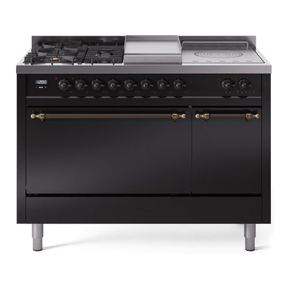 ILVE Nostalgie II 48-Inch Dual Fuel Range with 5 Sealed Burners + Griddle + French Top, 5.02 cu. ft. Oven, Glossy Black with Burnished Trim, Natural Gas, Solid Door, UP48FSQNMPBKB