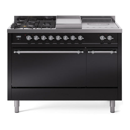ILVE Nostalgie II 48-Inch Dual Fuel Range with 5 Sealed Burners + Griddle + French Top, 5.02 cu. ft. Oven, Glossy Black with Chrome Trim, Liquid Propane, Solid Door, UP48FSQNMPBKCLP