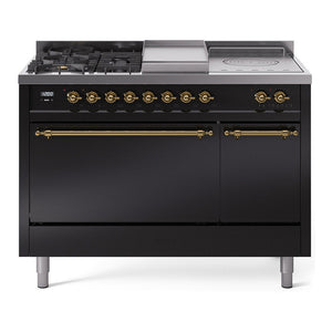ILVE Nostalgie II 48-Inch Dual Fuel Range with 5 Sealed Burners + Griddle + French Top, 5.02 cu. ft. Oven, Glossy Black with Brass Trim, Liquid Propane, Solid Door, UP48FSQNMPBKGLP