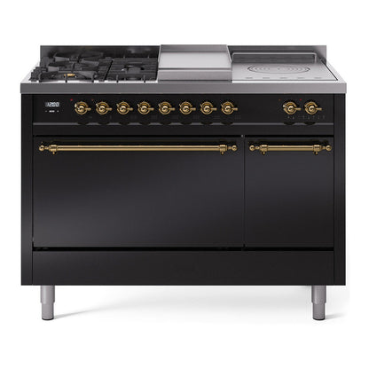 ILVE Nostalgie II 48-Inch Dual Fuel Range with 5 Sealed Burners + Griddle + French Top, 5.02 cu. ft. Oven, Glossy Black with Brass Trim, Natural Gas, Solid Door, UP48FSQNMPBKG
