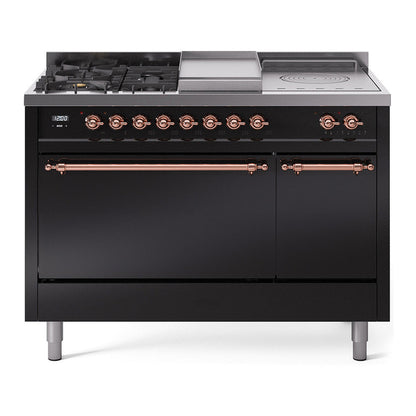 ILVE Nostalgie II 48-Inch Dual Fuel Range with 5 Sealed Burners + Griddle + French Top, 5.02 cu. ft. Oven, Glossy Black with Copper Trim, Natural Gas, Solid Door, UP48FSQNMPBKP