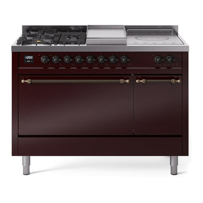 ILVE Nostalgie II 48-Inch Dual Fuel Range with 5 Sealed Burners + Griddle + French Top, 5.02 cu. ft. Oven, Burgundy with Burnished Trim, Liquid Propane, Solid Door, UP48FSQNMPBUBLP