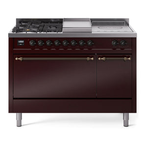 ILVE Nostalgie II 48-Inch Dual Fuel Range with 5 Sealed Burners + Griddle + French Top, 5.02 cu. ft. Oven, Burgundy with Burnished Trim, Natural Gas, Solid Door, UP48FSQNMPBUB