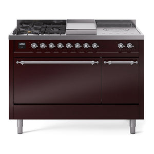 ILVE Nostalgie II 48-Inch Dual Fuel Range with 5 Sealed Burners + Griddle + French Top, 5.02 cu. ft. Oven, Burgundy with Chrome Trim, Natural Gas, Solid Door, UP48FSQNMPBUC