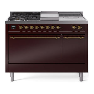 ILVE Nostalgie II 48-Inch Dual Fuel Range with 5 Sealed Burners + Griddle + French Top, 5.02 cu. ft. Oven, Burgundy with Brass Trim, Liquid Propane, Solid Door, UP48FSQNMPBUGLP
