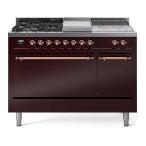 ILVE Nostalgie II 48-Inch Dual Fuel Range with 5 Sealed Burners + Griddle + French Top, 5.02 cu. ft. Oven, Burgundy with Copper Trim, Natural Gas, Solid Door, UP48FSQNMPBUP