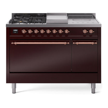 ILVE Nostalgie II 48-Inch Dual Fuel Range with 5 Sealed Burners + Griddle + French Top, 5.02 cu. ft. Oven, Burgundy with Copper Trim, Natural Gas, Solid Door, UP48FSQNMPBUP