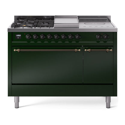 ILVE Nostalgie II 48-Inch Dual Fuel Range with 5 Sealed Burners + Griddle + French Top, 5.02 cu. ft. Oven, Emerald Green with Burnished Trim, Liquid Propane, Solid Door, UP48FSQNMPEGBLP
