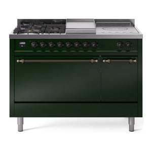 ILVE Nostalgie II 48-Inch Dual Fuel Range with 5 Sealed Burners + Griddle + French Top, 5.02 cu. ft. Oven, Emerald Green with Burnished Trim, Natural Gas, Solid Door, UP48FSQNMPEGB