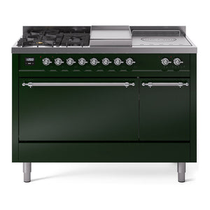 ILVE Nostalgie II 48-Inch Dual Fuel Range with 5 Sealed Burners + Griddle + French Top, 5.02 cu. ft. Oven, Emerald Green with Chrome Trim, Liquid Propane, Solid Door, UP48FSQNMPEGCLP
