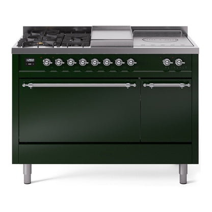 ILVE Nostalgie II 48-Inch Dual Fuel Range with 5 Sealed Burners + Griddle + French Top, 5.02 cu. ft. Oven, Emerald Green with Chrome Trim, Natural Gas, Solid Door, UP48FSQNMPEGC
