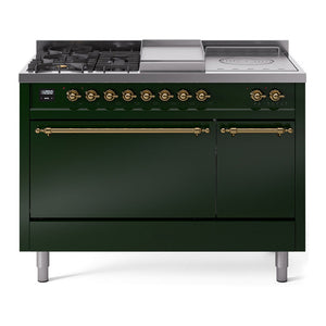 ILVE Nostalgie II 48-Inch Dual Fuel Range with 5 Sealed Burners + Griddle + French Top, 5.02 cu. ft. Oven, Emerald Green with Brass Trim, Liquid Propane, Solid Door, UP48FSQNMPEGGLP