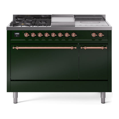 ILVE Nostalgie II 48-Inch Dual Fuel Range with 5 Sealed Burners + Griddle + French Top, 5.02 cu. ft. Oven, Emerald Green with Copper Trim, Natural Gas, Solid Door, UP48FSQNMPEGP