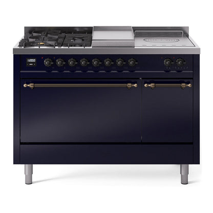 ILVE Nostalgie II 48-Inch Dual Fuel Range with 5 Sealed Burners + Griddle + French Top, 5.02 cu. ft. Oven, Midnight Blue with Burnished Trim, Natural Gas, Solid Door, UP48FSQNMPMBB