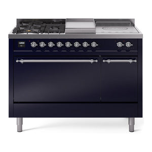 ILVE Nostalgie II 48-Inch Dual Fuel Range with 5 Sealed Burners + Griddle + French Top, 5.02 cu. ft. Oven, Midnight Blue with Chrome Trim, Liquid Propane, Solid Door, UP48FSQNMPMBCLP