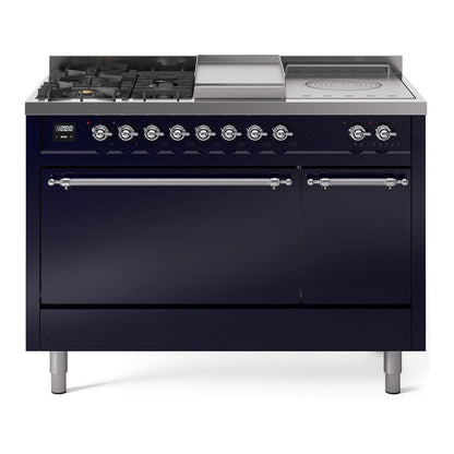 ILVE Nostalgie II 48-Inch Dual Fuel Range with 5 Sealed Burners + Griddle + French Top, 5.02 cu. ft. Oven, Midnight Blue with Chrome Trim, Liquid Propane, Solid Door, UP48FSQNMPMBCLP