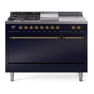 ILVE Nostalgie II 48-Inch Dual Fuel Range with 5 Sealed Burners + Griddle + French Top, 5.02 cu. ft. Oven, Midnight Blue with Brass Trim, Natural Gas, Solid Door, UP48FSQNMPMBG