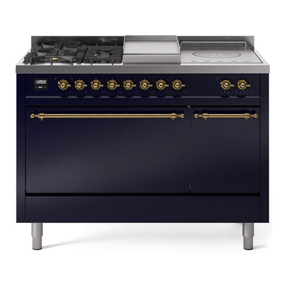 ILVE Nostalgie II 48-Inch Dual Fuel Range with 5 Sealed Burners + Griddle + French Top, 5.02 cu. ft. Oven, Midnight Blue with Brass Trim, Natural Gas, Solid Door, UP48FSQNMPMBG