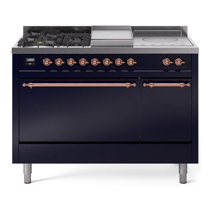 ILVE Nostalgie II 48-Inch Dual Fuel Range with 5 Sealed Burners + Griddle + French Top, 5.02 cu. ft. Oven, Midnight Blue with Copper Trim, Natural Gas, Solid Door, UP48FSQNMPMBP