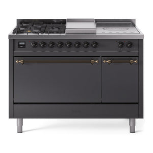 ILVE Nostalgie II 48-Inch Dual Fuel Range with 5 Sealed Burners + Griddle + French Top, 5.02 cu. ft. Oven, Graphite Matte with Burnished Trim, Natural Gas, Solid Door, UP48FSQNMPMGB