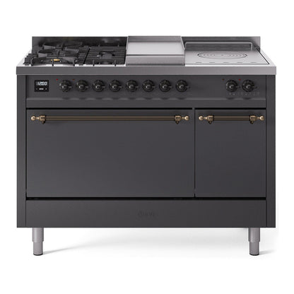 ILVE Nostalgie II 48-Inch Dual Fuel Range with 5 Sealed Burners + Griddle + French Top, 5.02 cu. ft. Oven, Graphite Matte with Burnished Trim, Natural Gas, Solid Door, UP48FSQNMPMGB